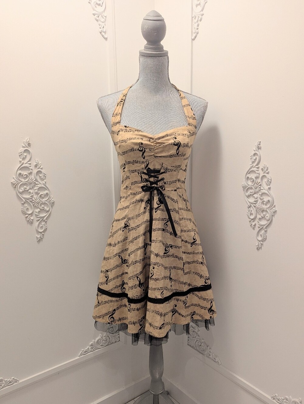 Sheet Music Halter Fit-and-Flare Dress with Black Trim